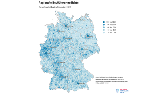 Karte zur Bevölkerungsdichte der Gemeinden in Deutschland im Jahr 2022