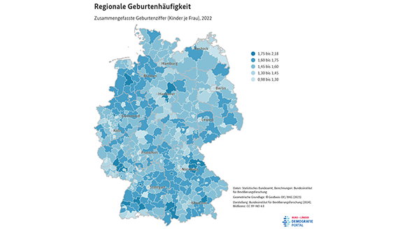 Karte zur zusammengefassten Geburtenziffer nach Kreisen in Deutschland im Jahr 2022